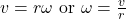 v=r \omega \text { or } \omega=\frac{v}{r}