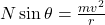 N \sin \theta=\frac{m v^2}{r}