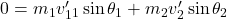 0=m_1 v_1^{\prime}{ }_1 \sin \theta_1+m_2 v_2^{\prime} \sin \theta_2