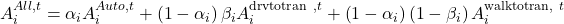 A_i^{All,t}=\alpha_iA_i^{Auto,t}+\left(1-\alpha_i\right)\beta_iA_i^{\mathrm{drvtotran\ },t}+\left(1-\alpha_i\right)\left(1-\beta_i\right)A_i^{\mathrm{walktotran,\ }t}