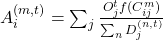  A_i^{(m,t)} = \sum_j \frac{O_j^t f(C_{ij}^m)}{\sum_n D_j^{(n,t)}} 