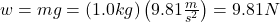 w=m g=(1.0 k g)\left(9.81 \frac{m}{s^2}\right)=9.81 N