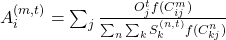 A_i^{(m,t)} = \sum_j \frac{O_j^t f(C_{ij}^m)}{\sum_n \sum_k S_k^{(n,t)} f(C_{kj}^n)}