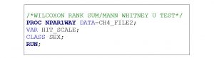 SAS syntax for the Wilcoxon Rank Sum test in the 2018 NHIS Sample Adult example analytic dataset