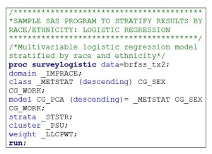 SAS syntax for running BRFSS inferential statistics (logistic regression) using DOMAIN statement to stratify results