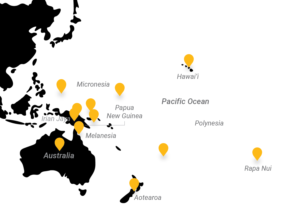 Image of Map of locations of all Oceanic artworks discussed in “Where Does Art Come From?” by Marizela Garza.