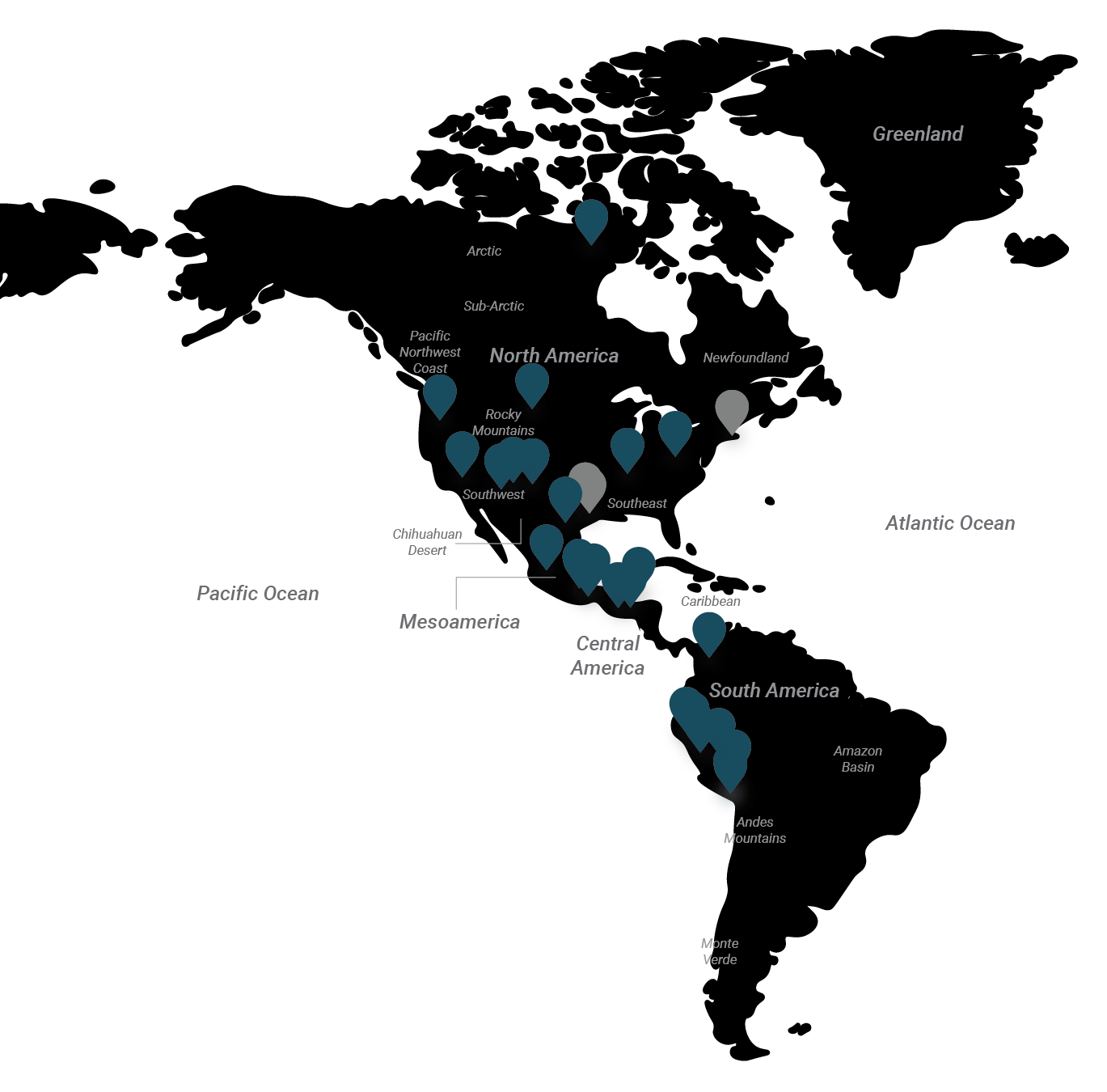 Image of Map of locations of all artworks of the Indigenous Americas discussed in “Where Does Art Come From?” by Marizela Garza.