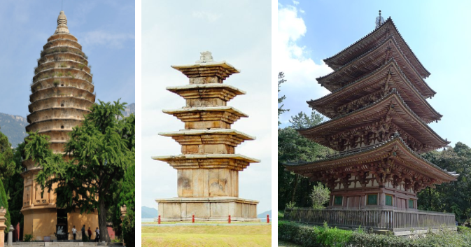 Three images, left of Songyue Pagoda by Northern Wei Dynasty Maker(s) of China; center image of Wanggung-ri Pagoda by Mahan Period Maker(s) of Korea; right image of Pagoda of Daigo-ji by Maker(s) of Kyoto, Japan