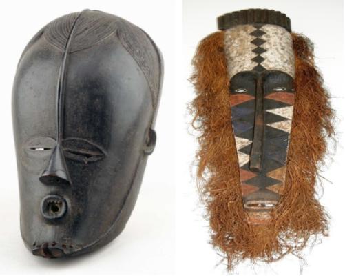 Two images, left image of Mask by Guro Maker(s) of Cote d'Ivoire, right image of Ngil Mask by Fang Maker(s) of Gabon
