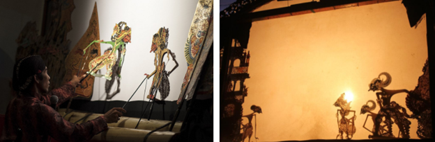 Two images of a dalang depicting fighting in a Wayang Kulit performance, Java, Indonesia.