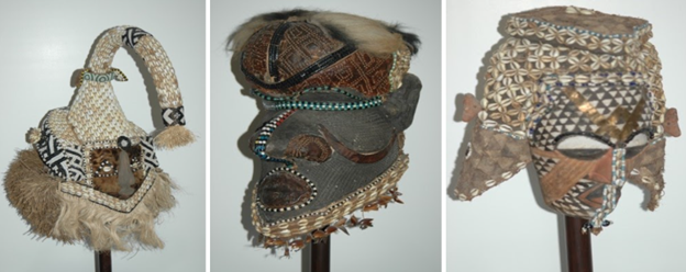 Three images of Helmet Masks of Woot (left), Bwoom (center), and Ngaddy a Mwash (right) by Kuba Maker(s) from Congo