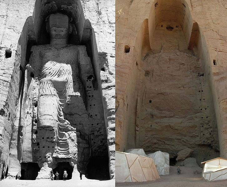 Two images of Destruction of larger Bamiyan Buddha before 1963 and after.