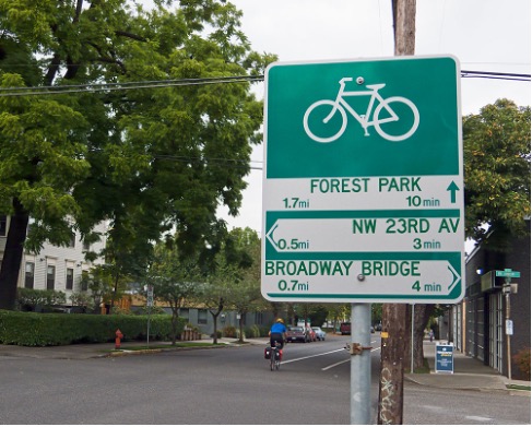 A wayfinding sign posted at a junction showing three different bike routes.