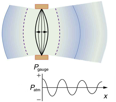 Diagram of a string's compression and rarefaction and its graph of gauge pressure versus distance from the source. 