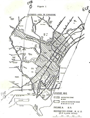 A map of Singapore downtown in 1975, in which the initial congestion pricing boundary is overlaid.