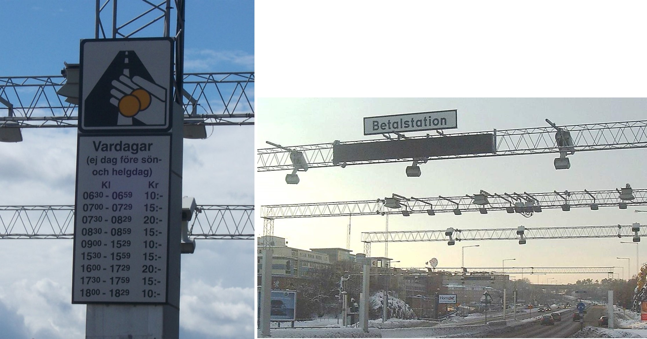 two pictures of congestion pricing in Stockholm which are cameras and roadside traffic signs