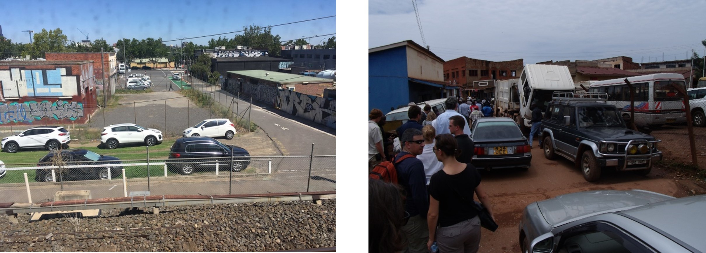 pictures of informal parking in undesignated areas, close to pedestrian traffic and on sidewalks.