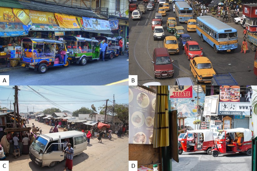 Images of informal transportation including tuk tuks, traffic in Kolkata, and commuter taxi in Africa.