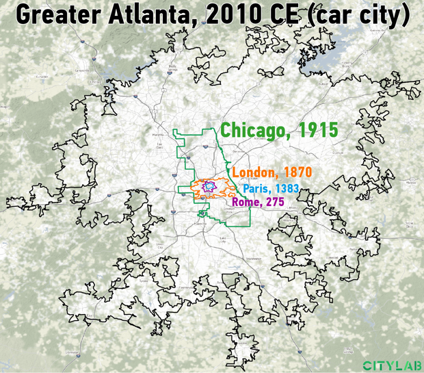 Overlaying the spatial extent of Atlanta 2010 CE in comparison to Chicago, London, Paris and Rome. Atlanta in this photo is a car city.