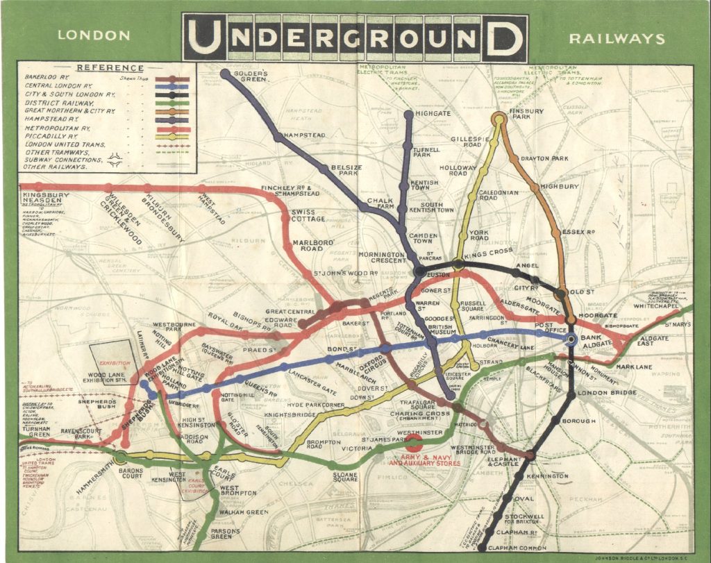 A map of London Underground with around 9 lines covering London Area
