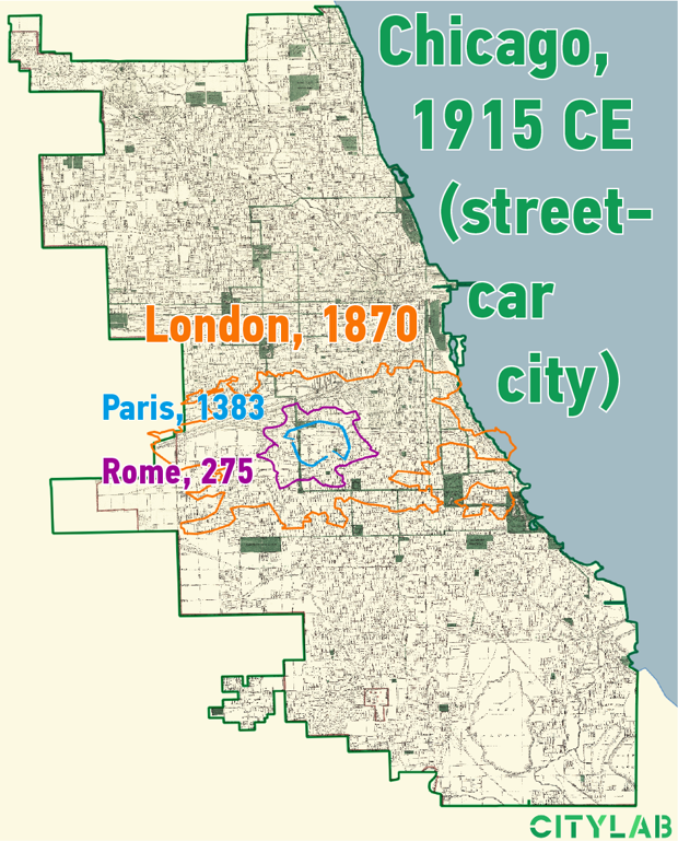 Overlay of Chicago map in 1915 compared to London (1870), Paris (1383), and rome (275), which shows the imapct of street car on city expansion