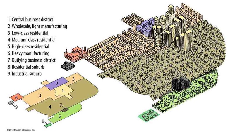 Th graphical representation of nuclei model urban form model around CBD.