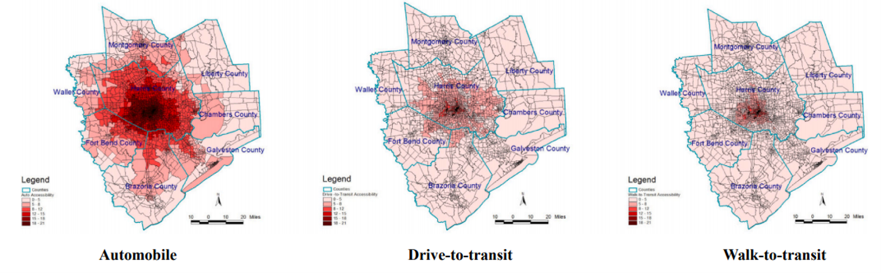 accessibility map for automobile, drive-to-transit and walk-to-transit.