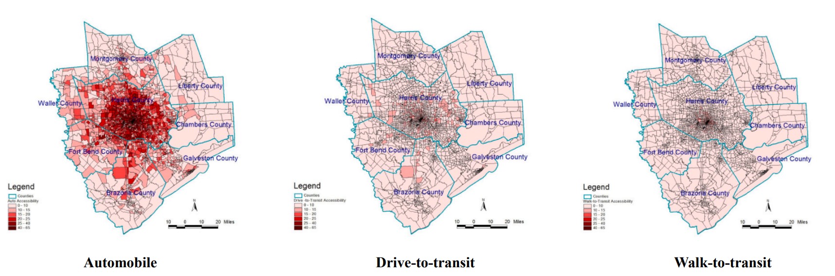 Accessibility map for automobile, drive-to-transit and walk-to-transit for below poverty workers.