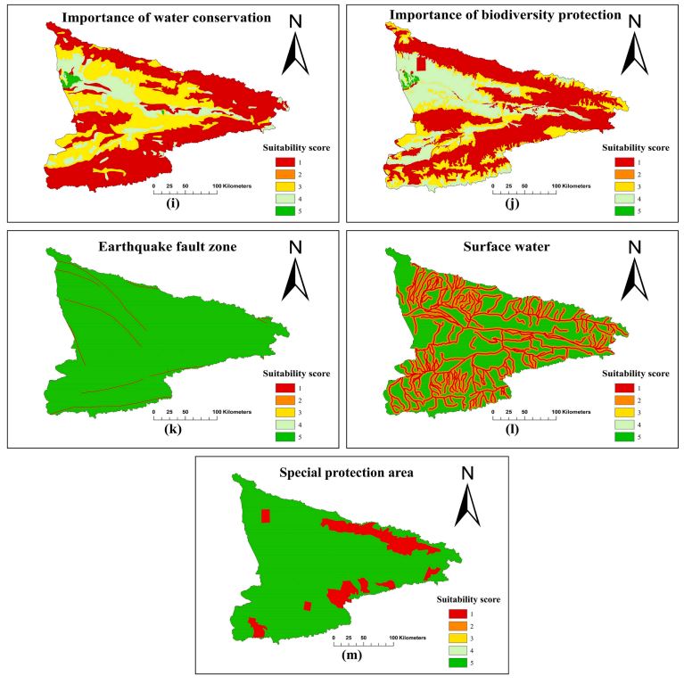 Five maps showing the results of suitability analysis for five different criteria.