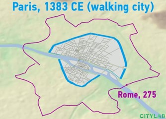 the bodrer of Paris, 1383 CE, which is also a walking city, although bigger than Rome.