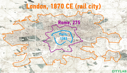 overlaying the spatial extent of London (rail city) 1870 CE compared to Paris and Rome, which is very bigger