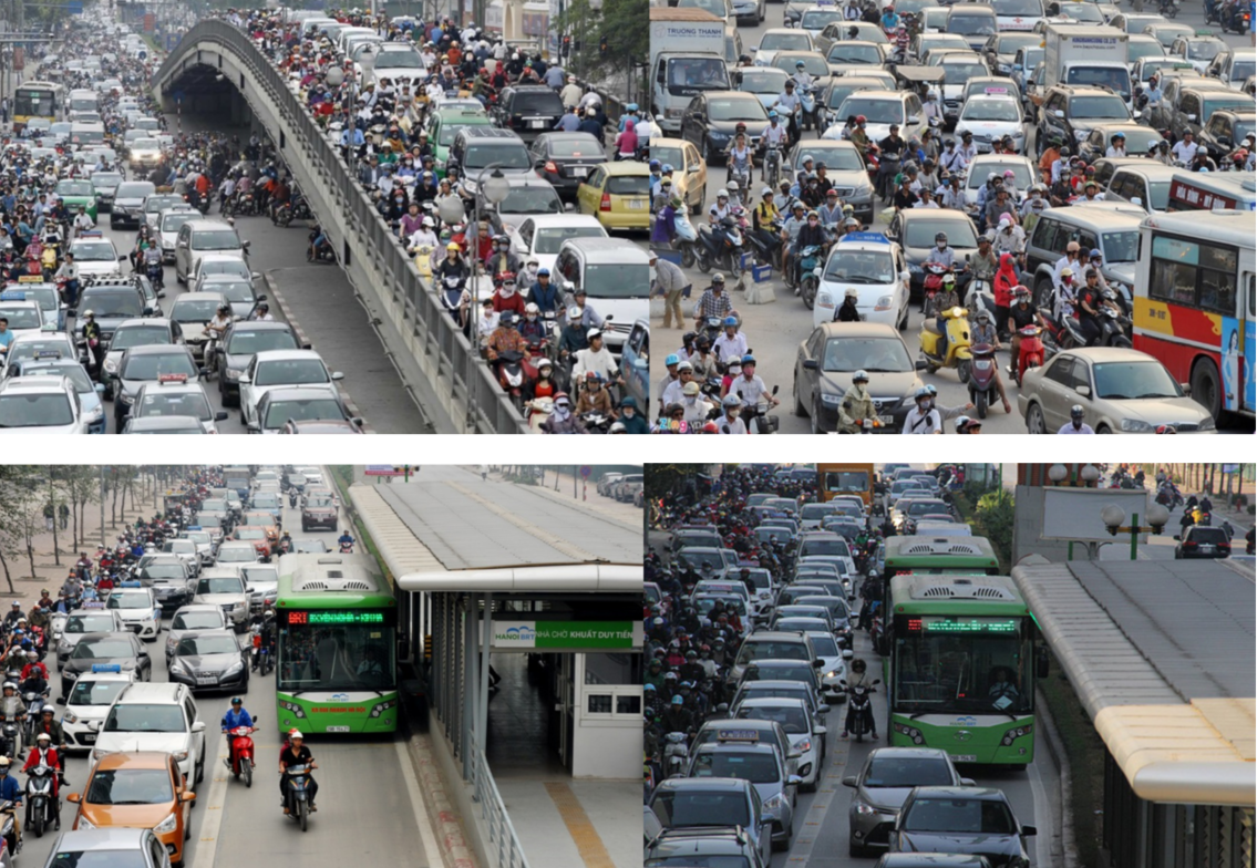 Photo of transportation corridor before (above) and after (below) the BRT construction in Hanoi, Vietnam