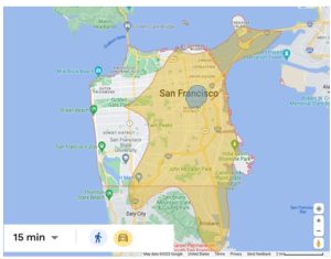 Map comparing San Francisco walking distance in 15 minutes to destinations reachable by car in the same time.