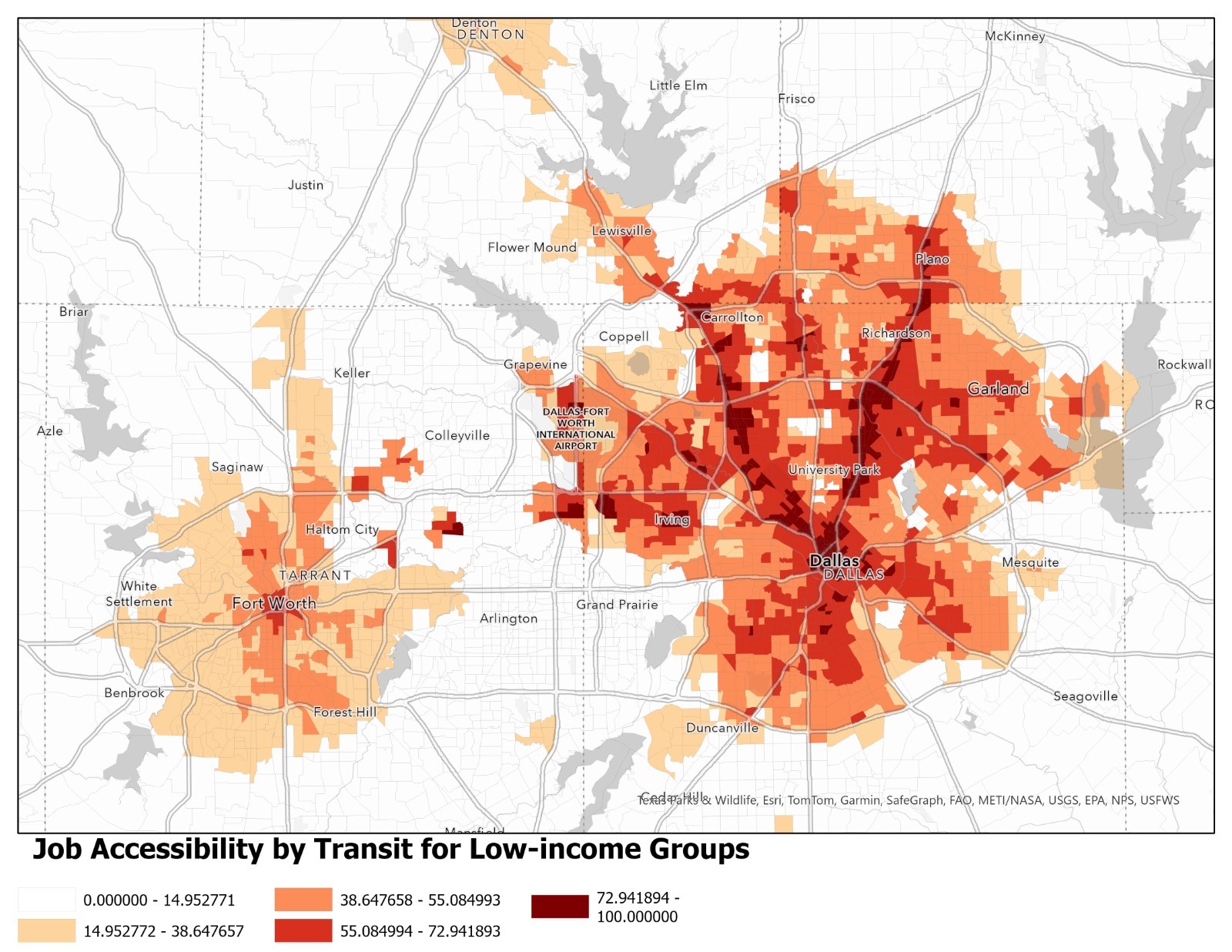 Map showing job accessibility for low-income groups via public transit in Fort Worth-Dallas area.