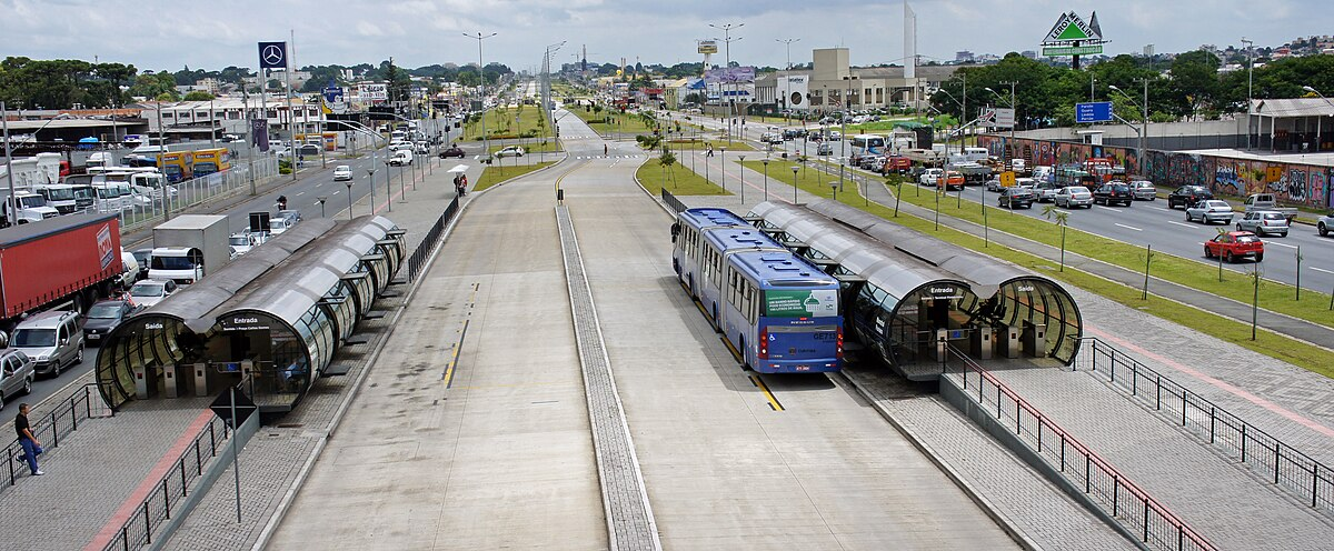 Photo of BRT transfer station with room for express buses to pass.