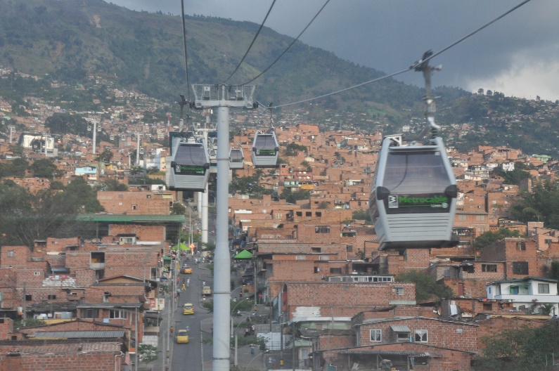 Photo of Medellin’s Metrocable designed to reach low-income suburban areas on the hills.