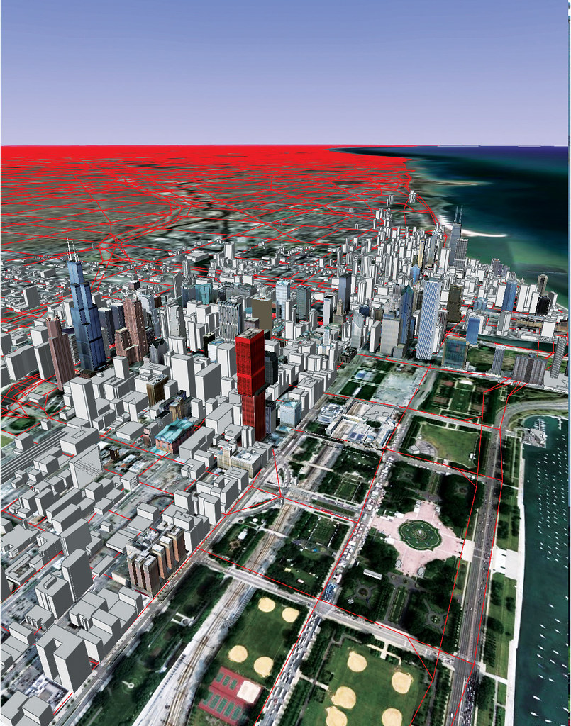 Aerial perspective view of Chicago roads as modeled by TRANSIMS.