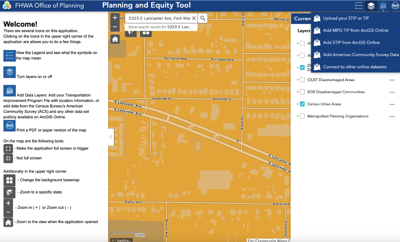 Screenshot from the FHWA online Planning and Equity Tool.