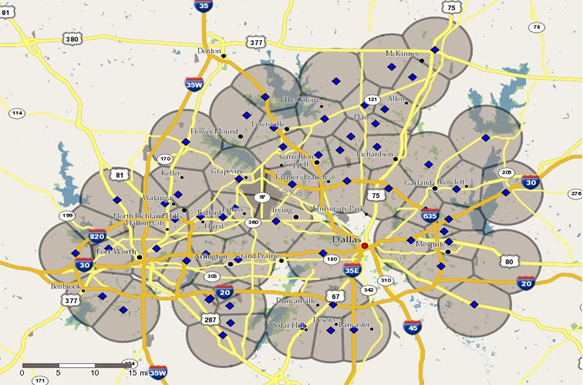 Map showing trade areas (light gray bubbles) for WalMart stores (blue diamonds).