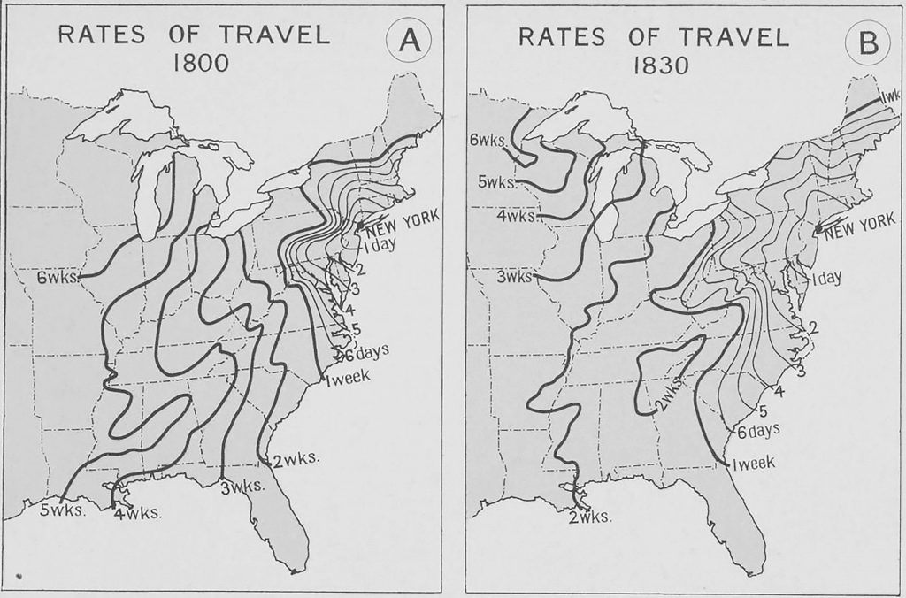 Comparison of rates of travel from New York City in 1800 and 1830. The contour lines of the map show the boundaries reachable from New York City within the indicated transportation times.