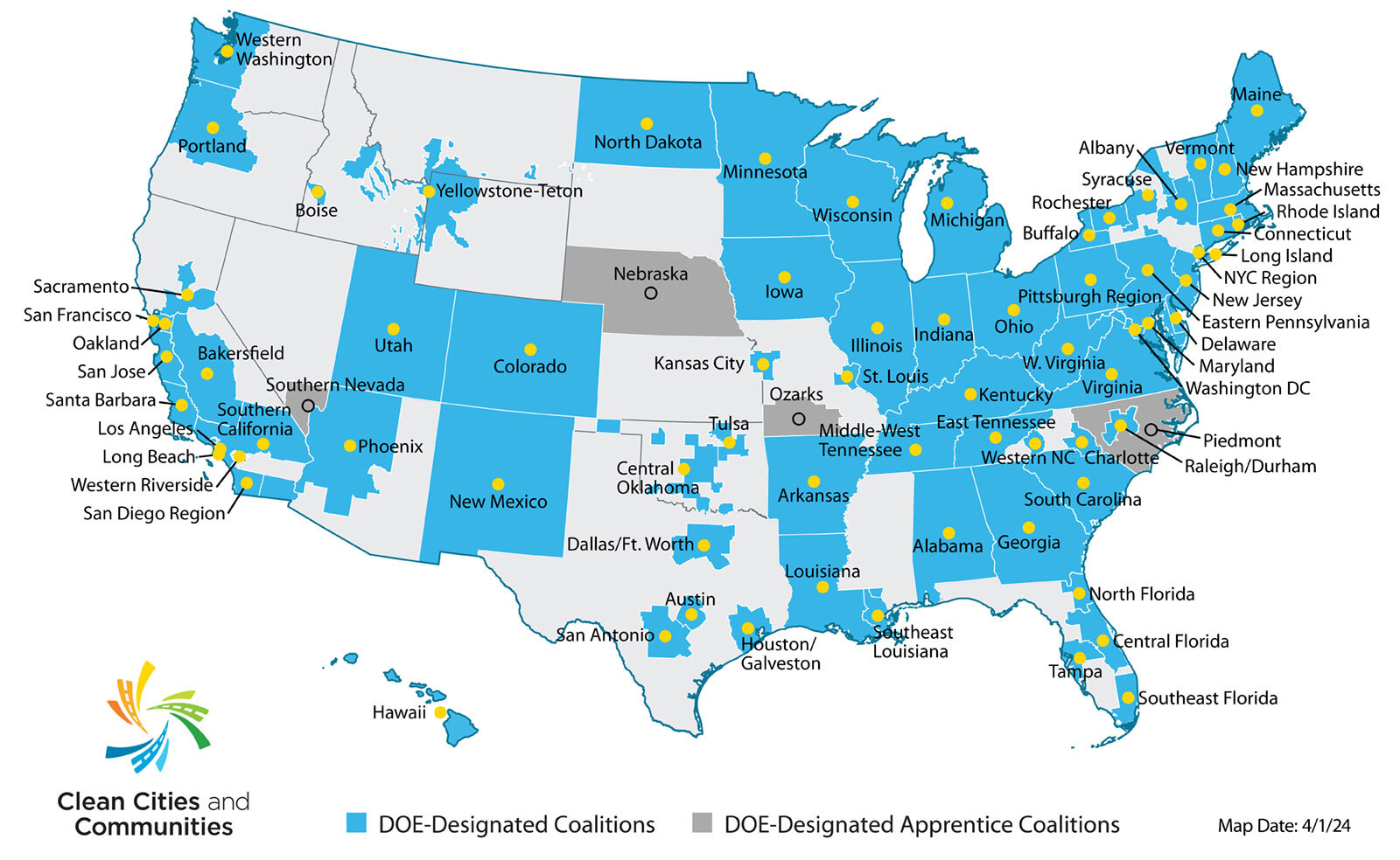 Clean Cities and Communities Coalition locations. Note: More than 75 Clean Cities and Communities coalitions foster the nation's economic, environmental, and energy security by working locally to advance affordable, domestic transportation fuels, energy efficient mobility systems, and other fuel-saving technologies and practices. Most coalitions are located in major metropolitan areas.