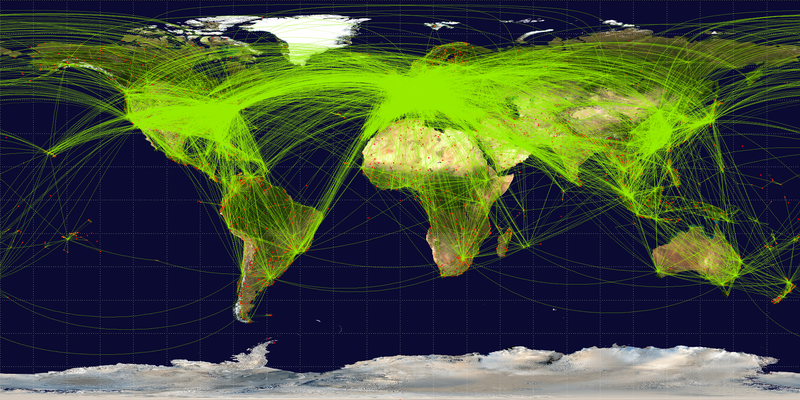 Global map of scheduled airline traffic around the world, circa June 2009.