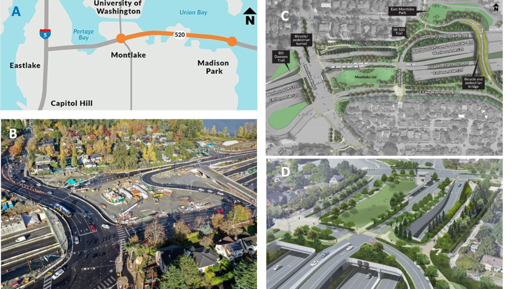 Four photos showing before and after transportation infrastructure improvements.