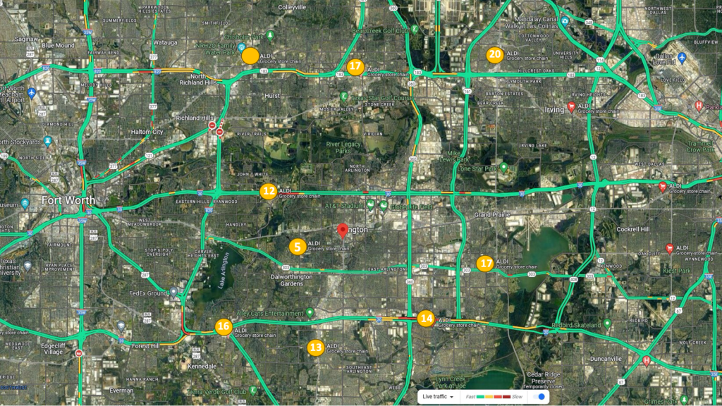 Aerial map showing ALDI locations (yellow dots).