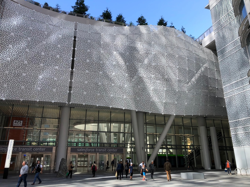 Image of the main entrance of the Salesforce Transit Center in San Francisco, California.