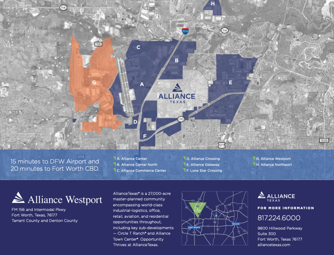 A local map showing the proximity of Alliance Texas to the DFW Airport (15 minutes) and Fort Worth Central Business District (CBD; 20 minutes) along with major highways and interstates.