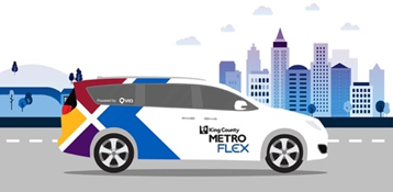 Digital illustration of a passenger van with the logo of the King County Metro Flex on the side with a cityscape in the background.