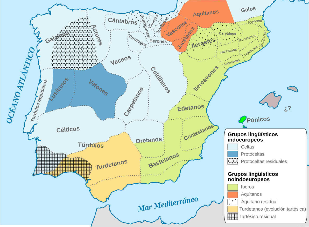 Mapa de grupos lingüísticos prerromanos en la Península Ibérica: iberos en verde en el este y celtas y celtíberos en azul en el centro y oeste.