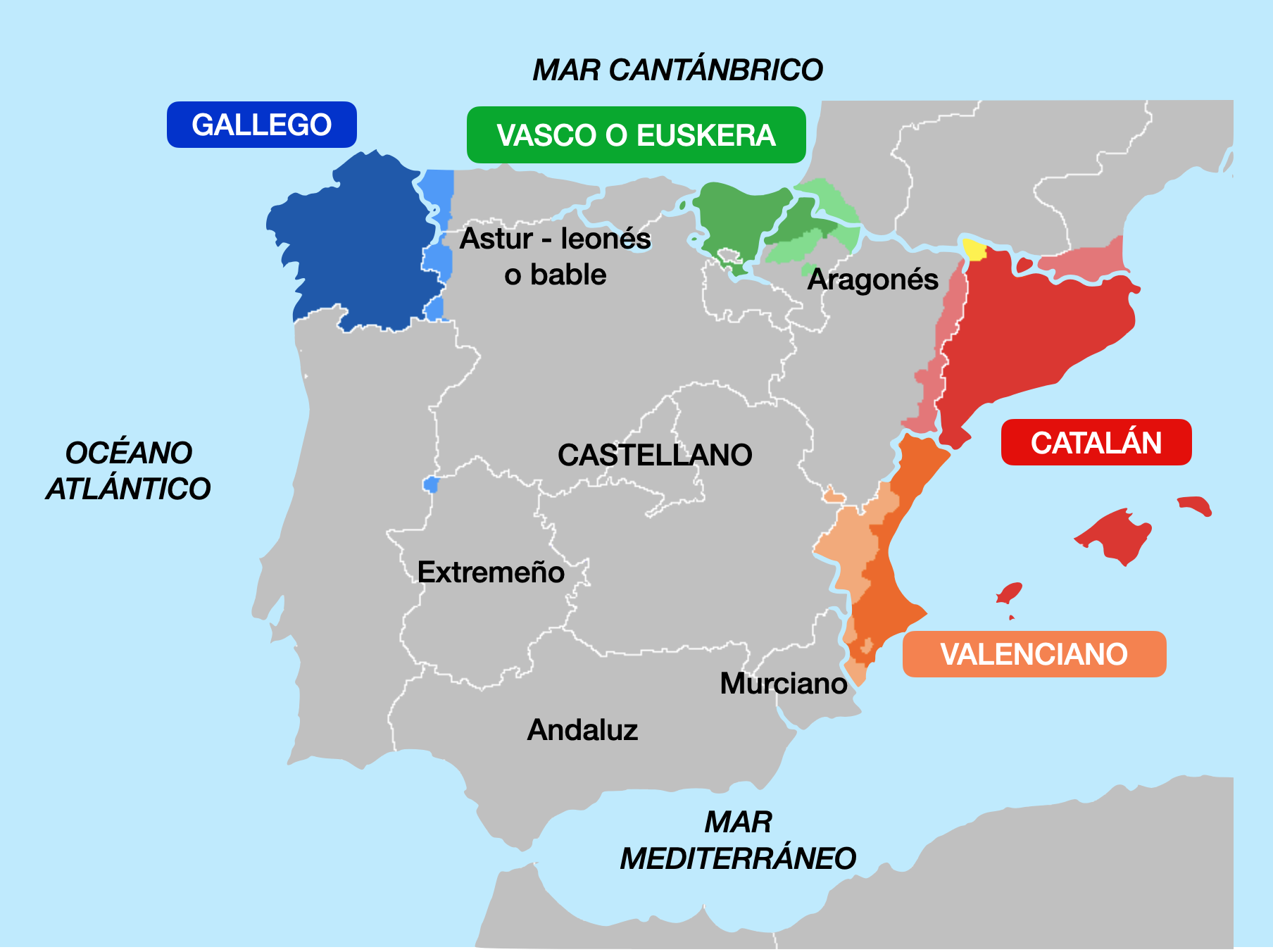 Mapa que señala las lenguas regionales de España utlizando diferentes colores.