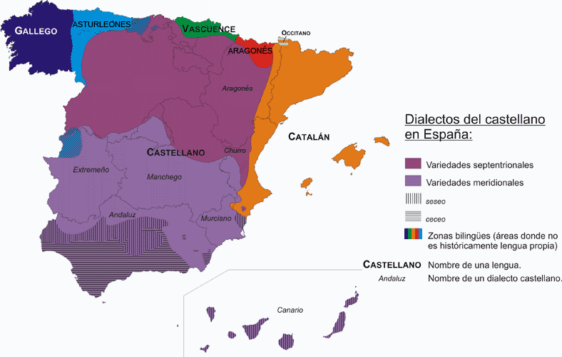Mapa que señala las zonas de las lenguas en España y los dialectos del castellano.